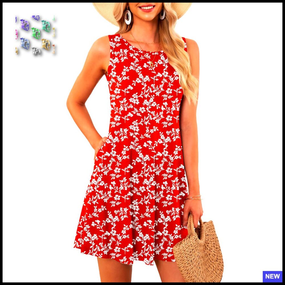 Sleeveless Boho Floral Sundress Casual Beach Coverup With Pockets